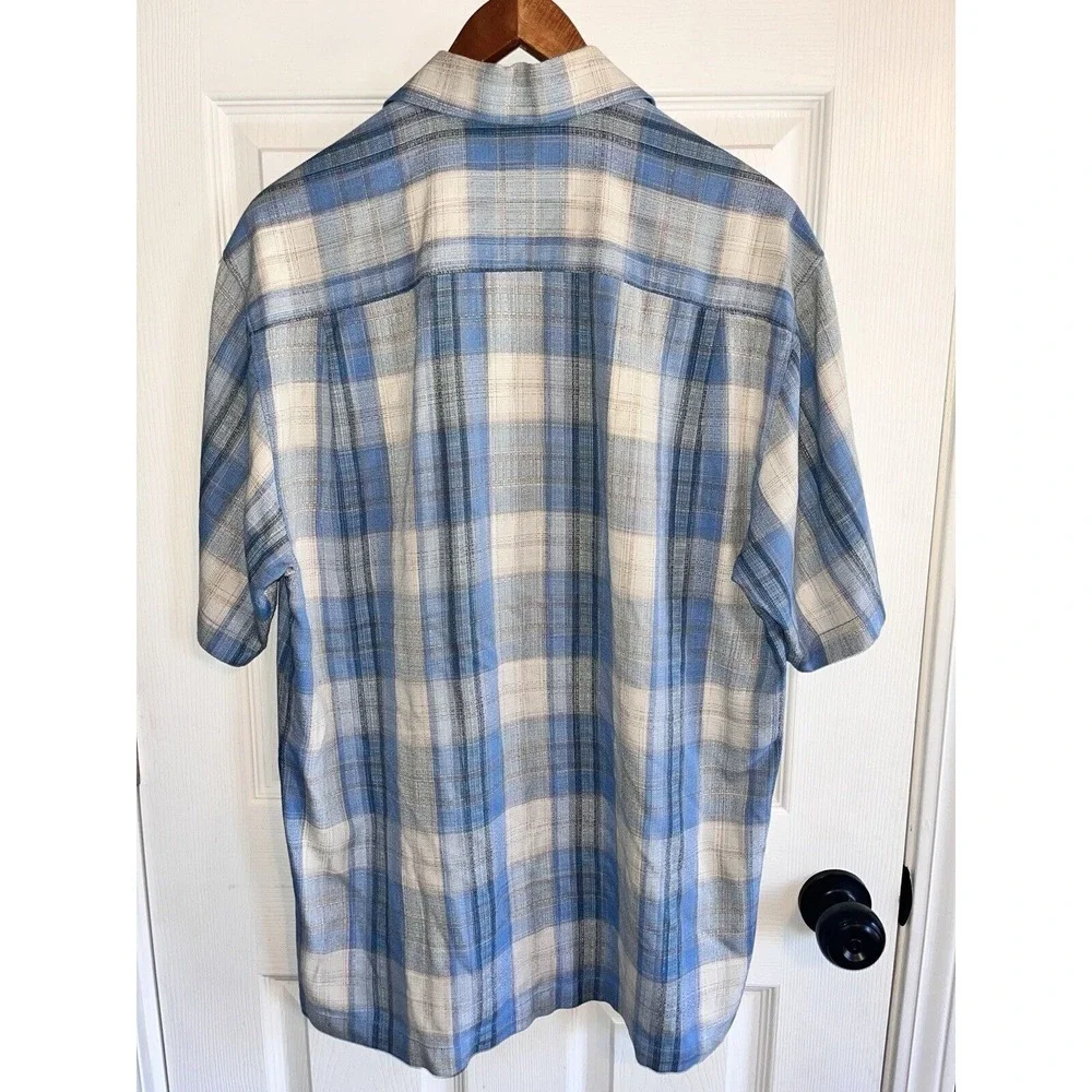Tommy Bahama Mens M Short Sleeve Button Up Blue Plaid Silk Shirt‎